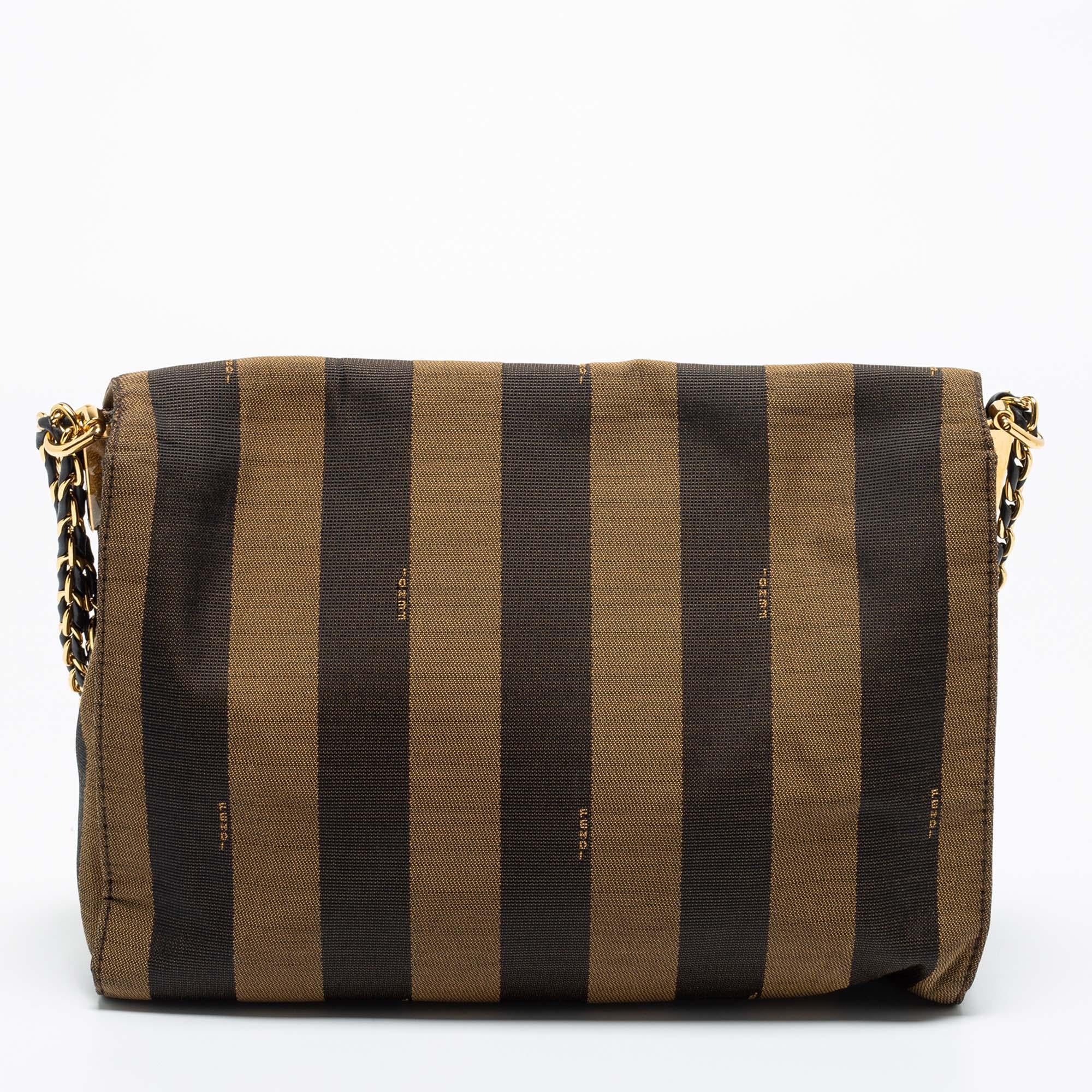 Fendi Tobacco Pequin Stripe Canvas Large Claudia Shoulder Bag at