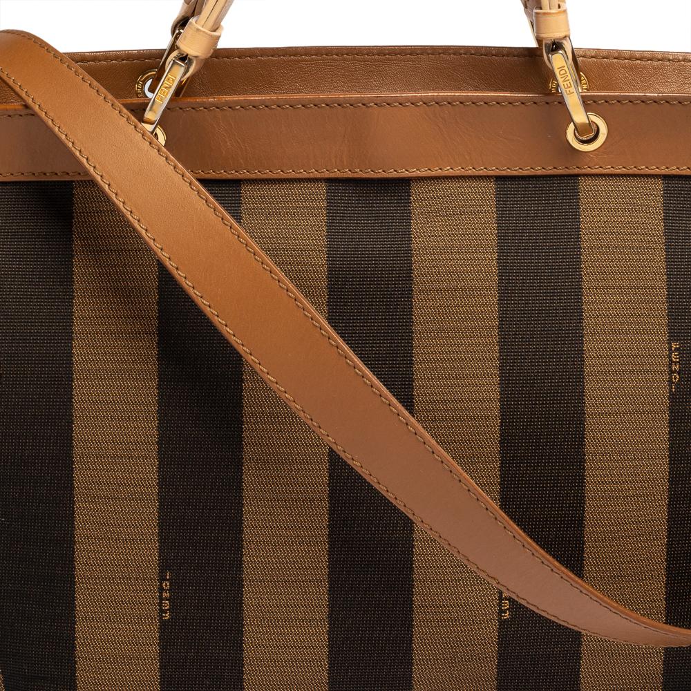 Brown Fendi Tobacco Pequin Striped Canvas and Leather Large Tote