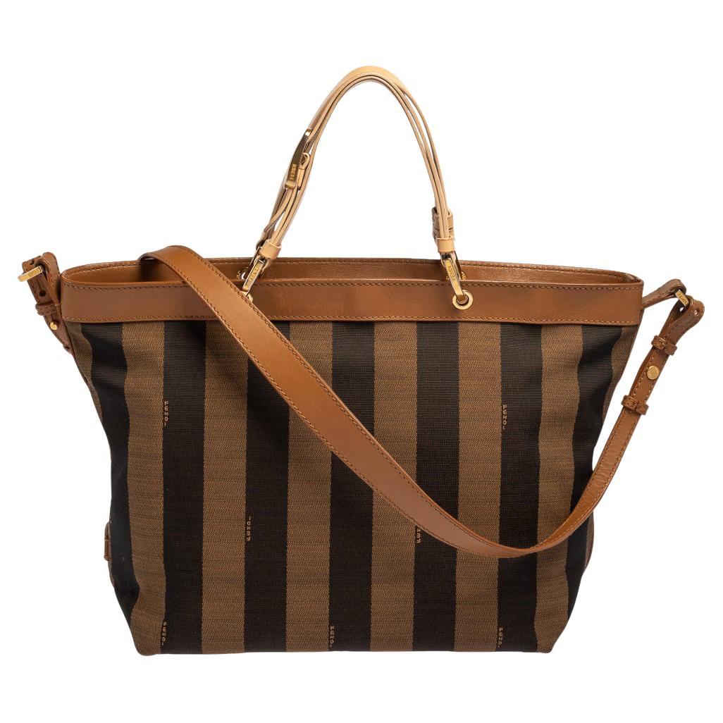 Fendi Tobacco Pequin Striped Canvas and Leather Large Tote