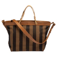 Fendi Tobacco Pequin Striped Canvas and Leather Large Tote