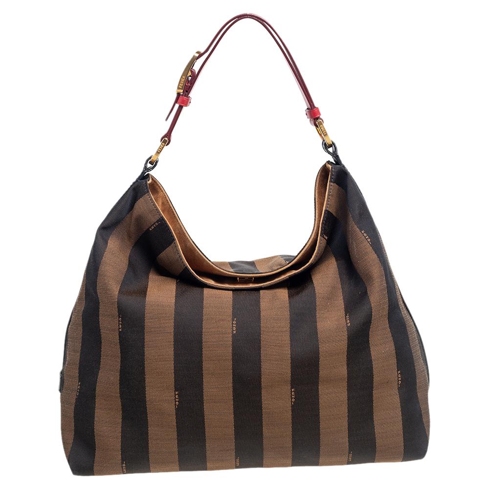Black Fendi Tobacco/Red Pequin Striped Canvas and Leather Large Hobo