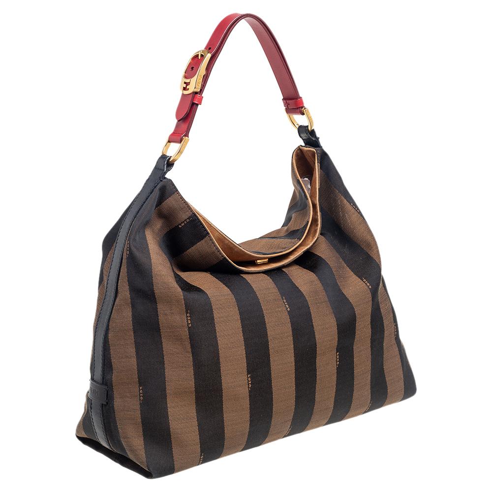 Women's Fendi Tobacco/Red Pequin Striped Canvas and Leather Large Hobo
