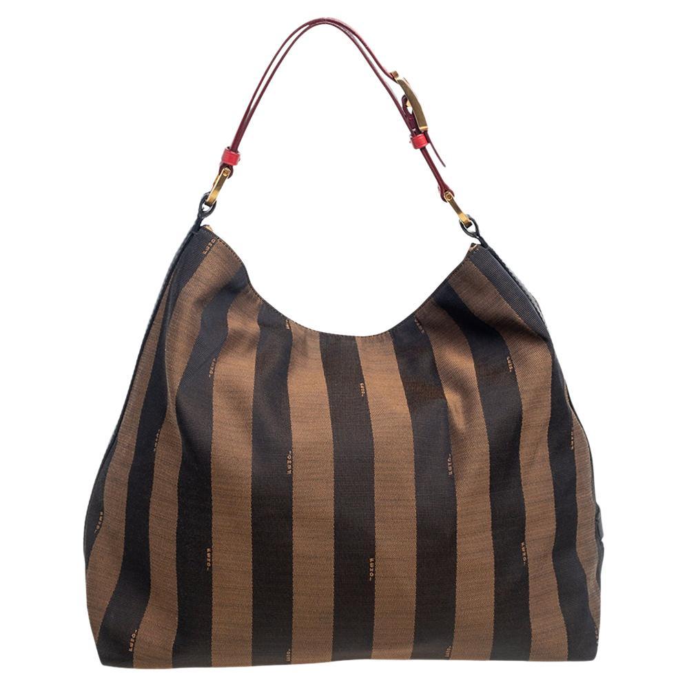 Fendi Tobacco/Red Pequin Striped Canvas and Leather Large Hobo