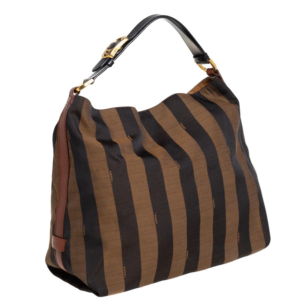 Fendi Tobacco/Tan Canvas und Leder Large Pequin Striped Hobo (Schwarz)