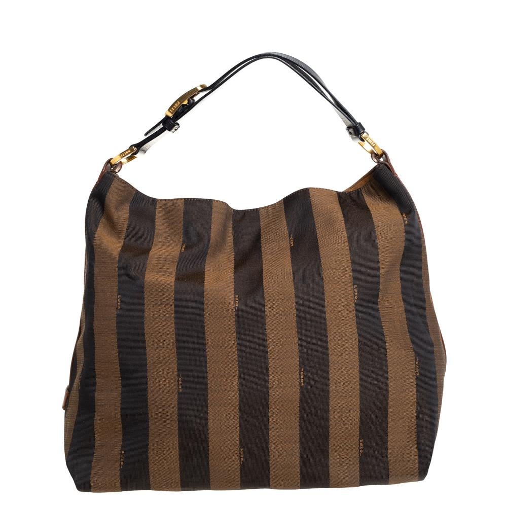 Fendi Tobacco/Tan Canvas und Leder Large Pequin Striped Hobo im Zustand „Gut“ in Dubai, Al Qouz 2