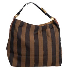 Fendi Tobacco/Tan Canvas and Leather Large Pequin Striped Hobo