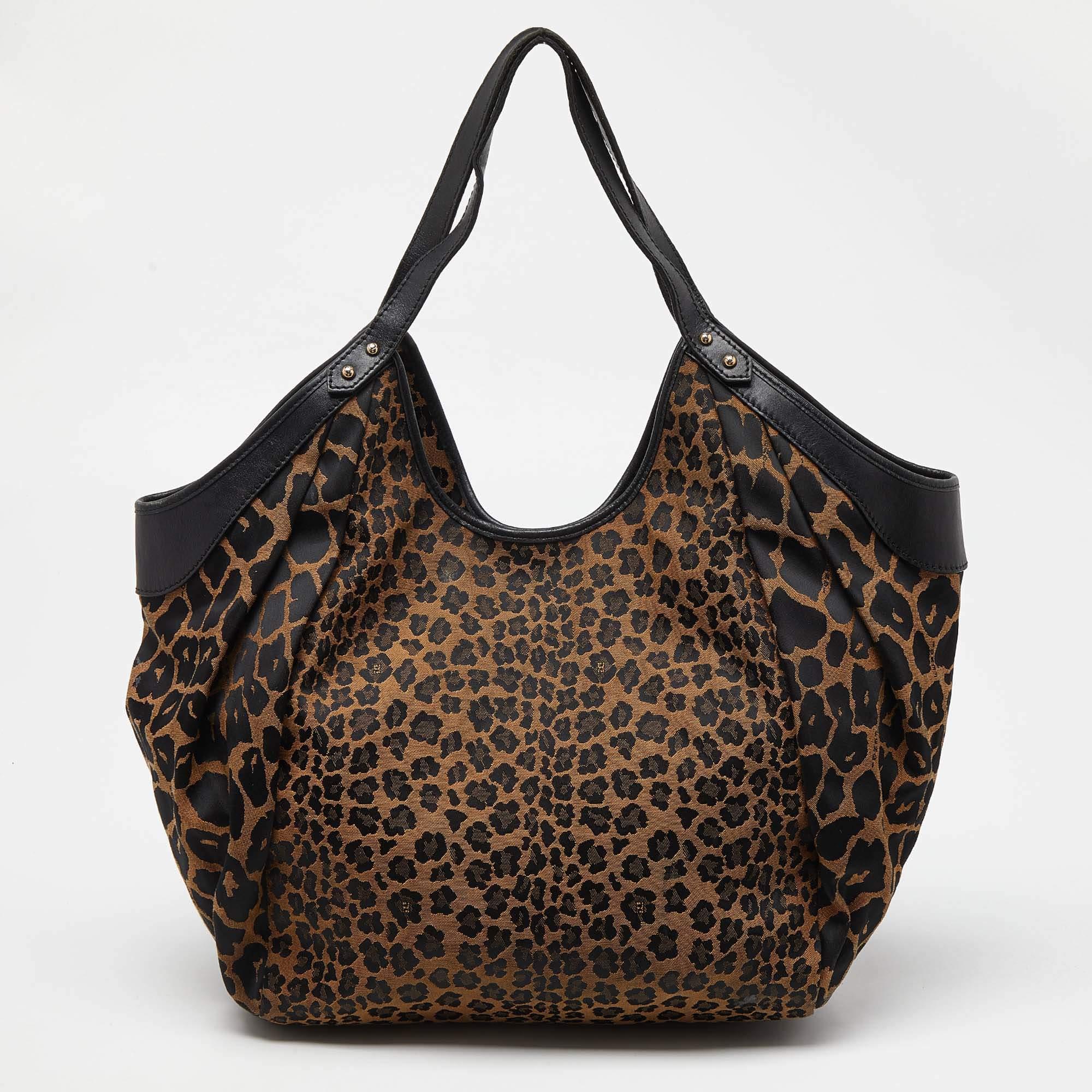 Women's Fendi Tobacco Zucca and Leopard Print Canvas Borsa Chef Tote