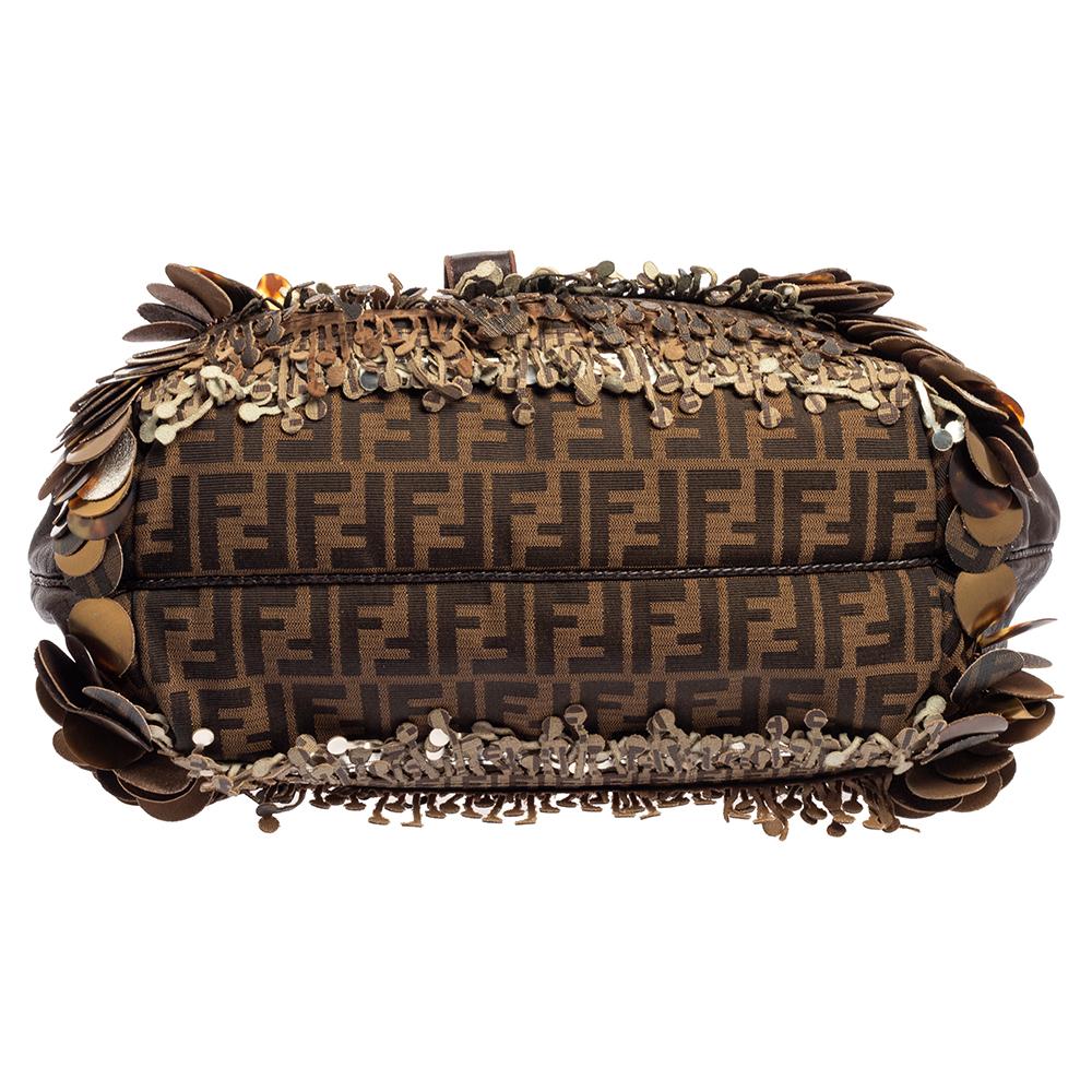 Women's Fendi Tobacco Zucca Canvas and Leather Fringed Spy Bag