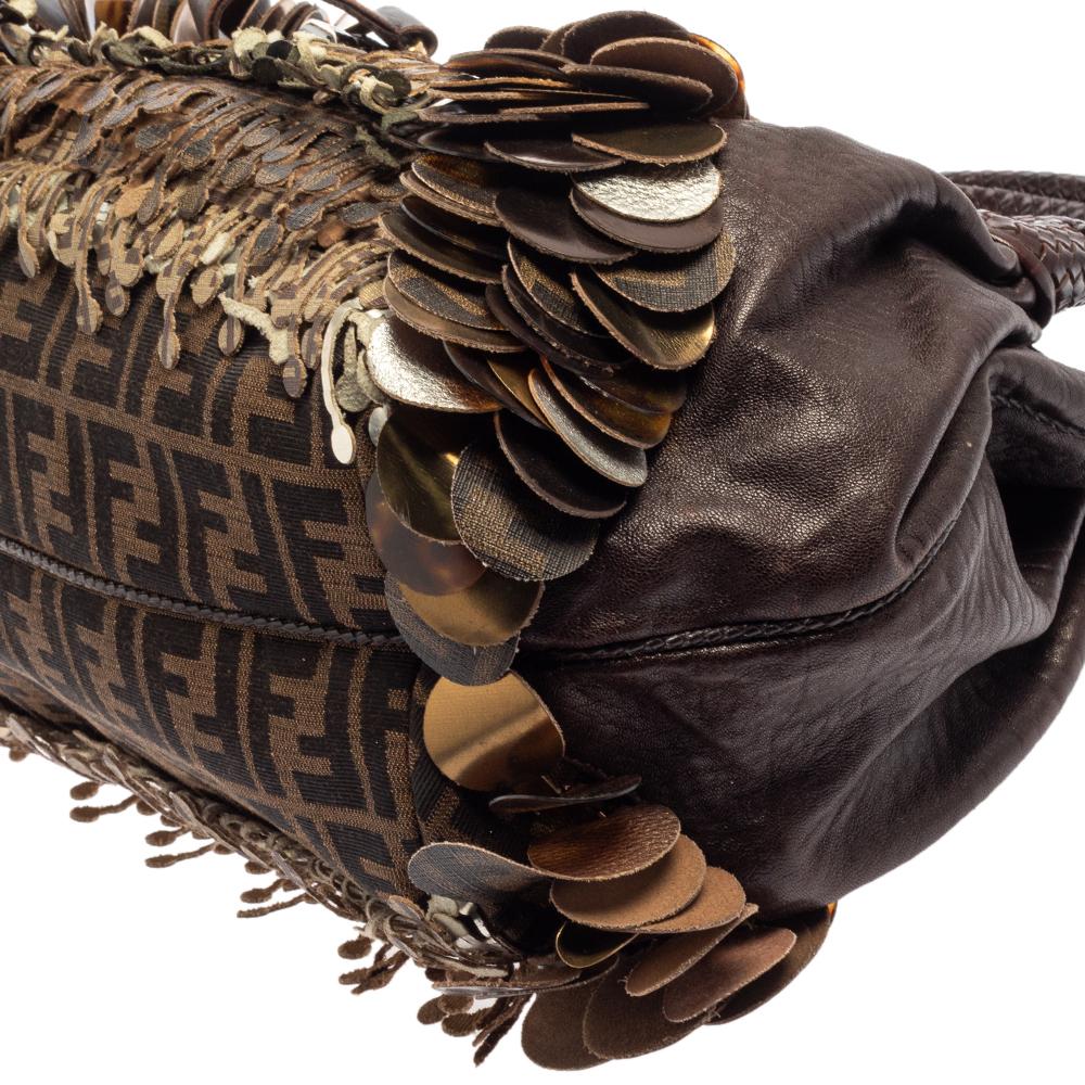 Fendi Tobacco Zucca Canvas and Leather Fringed Spy Bag 2