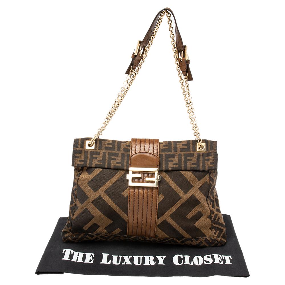 Brown Fendi Tobacco Zucca Canvas And Leather Maxi Baguette Flap Bag