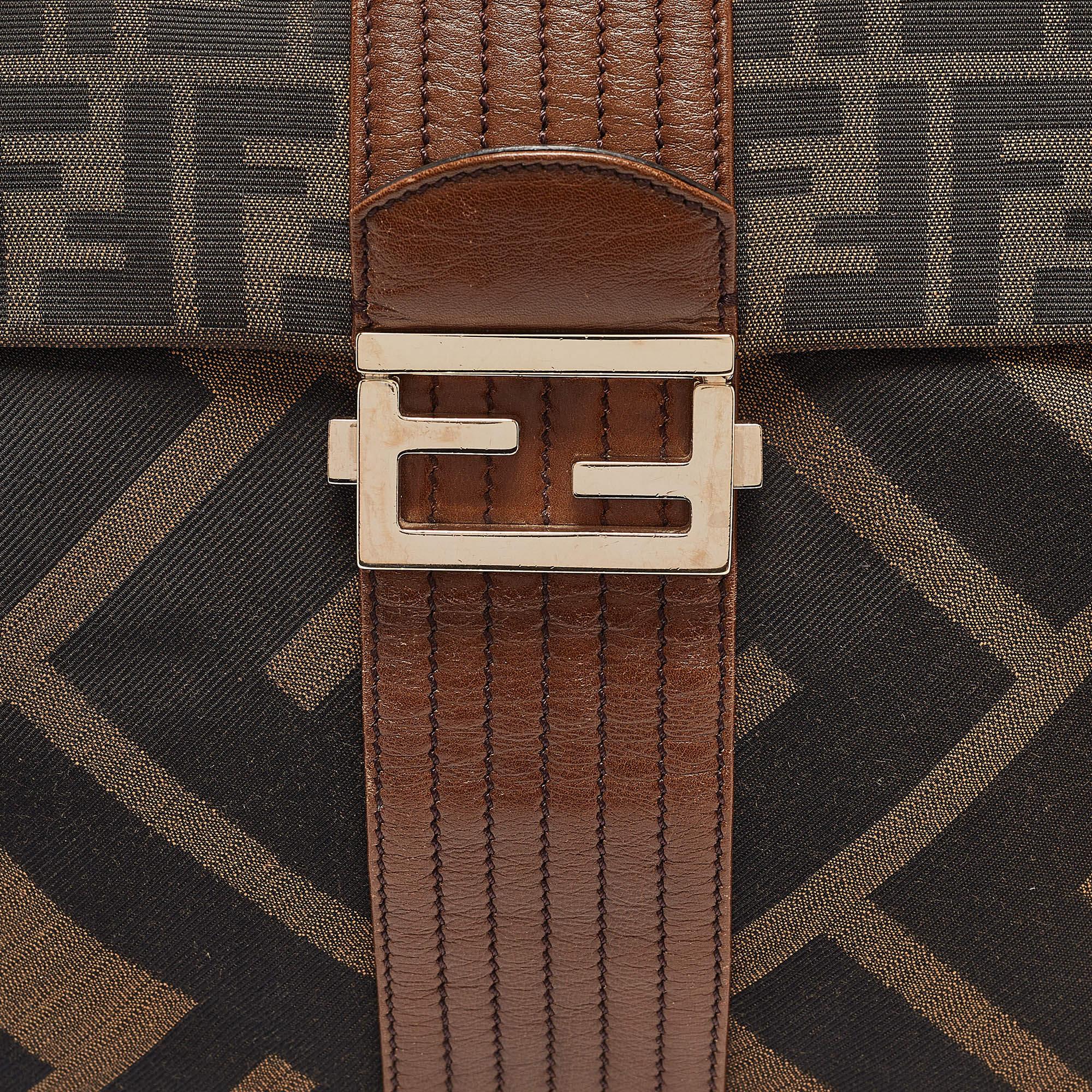 Women's Fendi Tobacco Zucca Canvas and Leather Maxi Baguette Flap Shoulder Bag