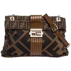 Fendi Tobacco Zucca Canvas and Leather Maxi Baguette Flap Shoulder Bag