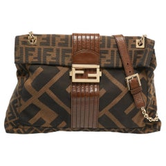 Fendi Tobacco Zucca Canvas and Leather Maxi Baguette Flap Shoulder Bag