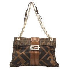 Fendi Tobacco Zucca Canvas and Leather Maxi Baguette Flap Shoulder Bag