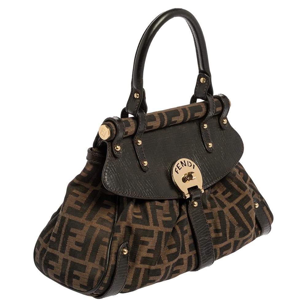 Fendi Tobacco Zucca Canvas und Leder Small Magic Top Handle Tasche im Zustand „Gut“ in Dubai, Al Qouz 2