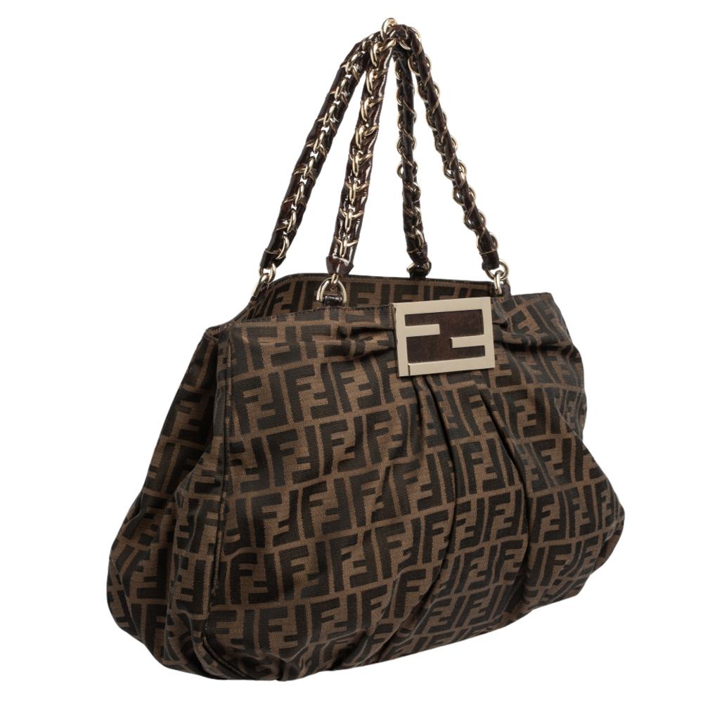 Black Fendi Tobacco Zucca Canvas and Patent Leather Large Mia Chain Tote