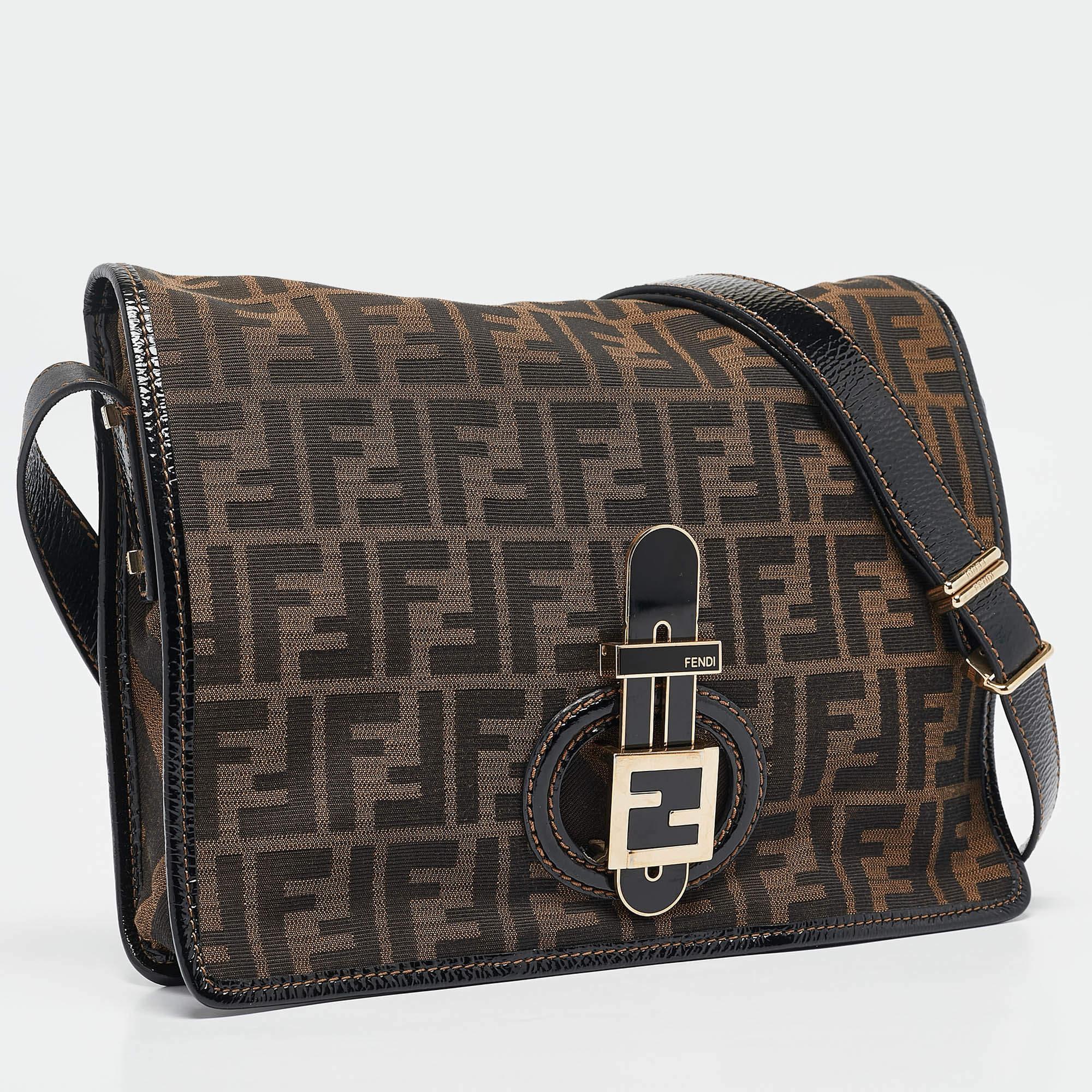Black Fendi Tobacco Zucca Canvas and Patent Leather Mama Flap Shoulder Bag