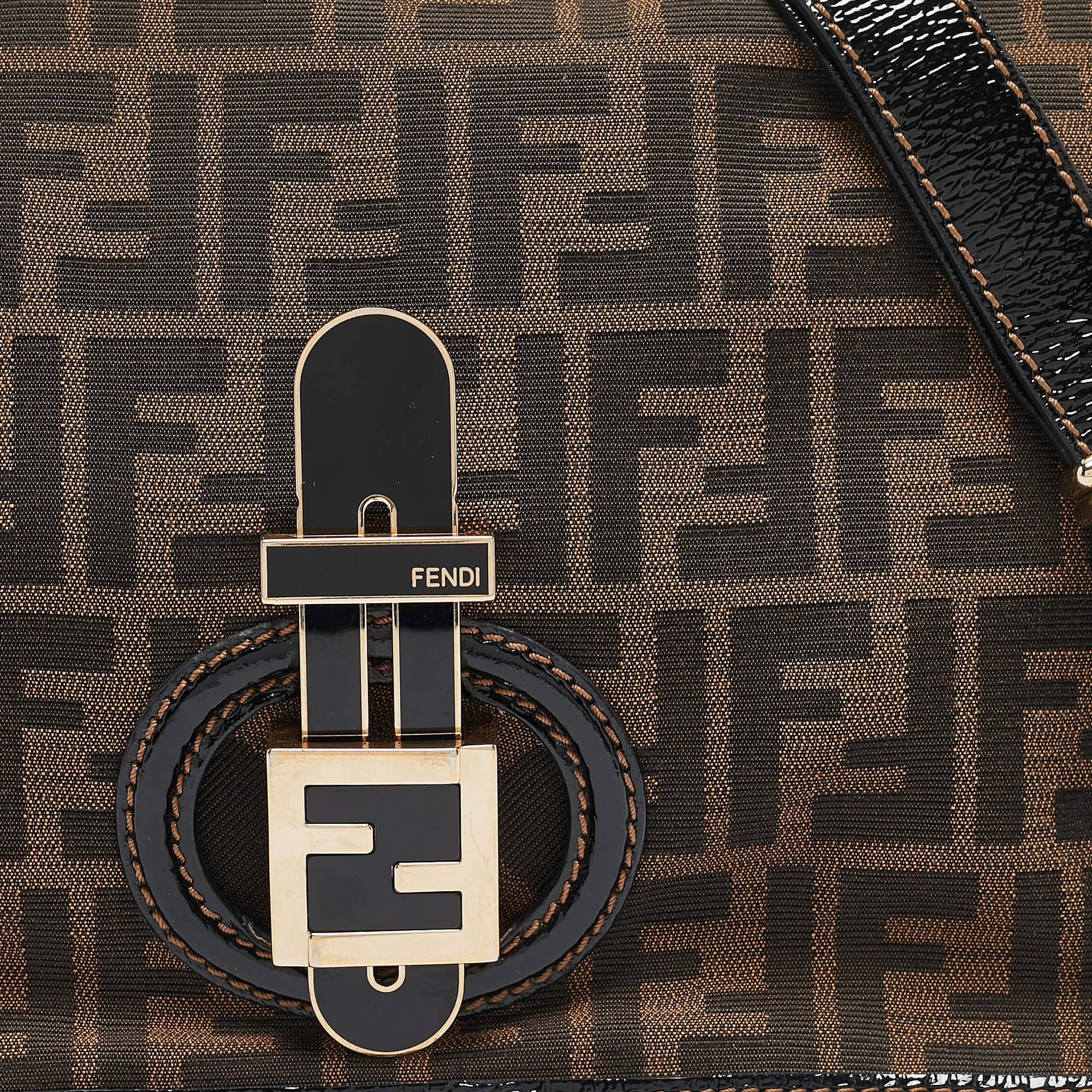 Women's Fendi Tobacco Zucca Canvas and Patent Leather Mama Flap Shoulder Bag