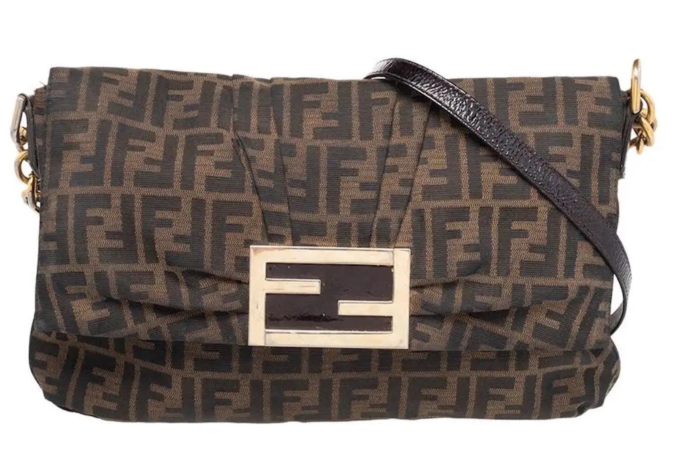 Fendi Tobacco Zucca Canvas and Patent Leather Mia Flap Handbag In Good Condition In North Hollywood, CA