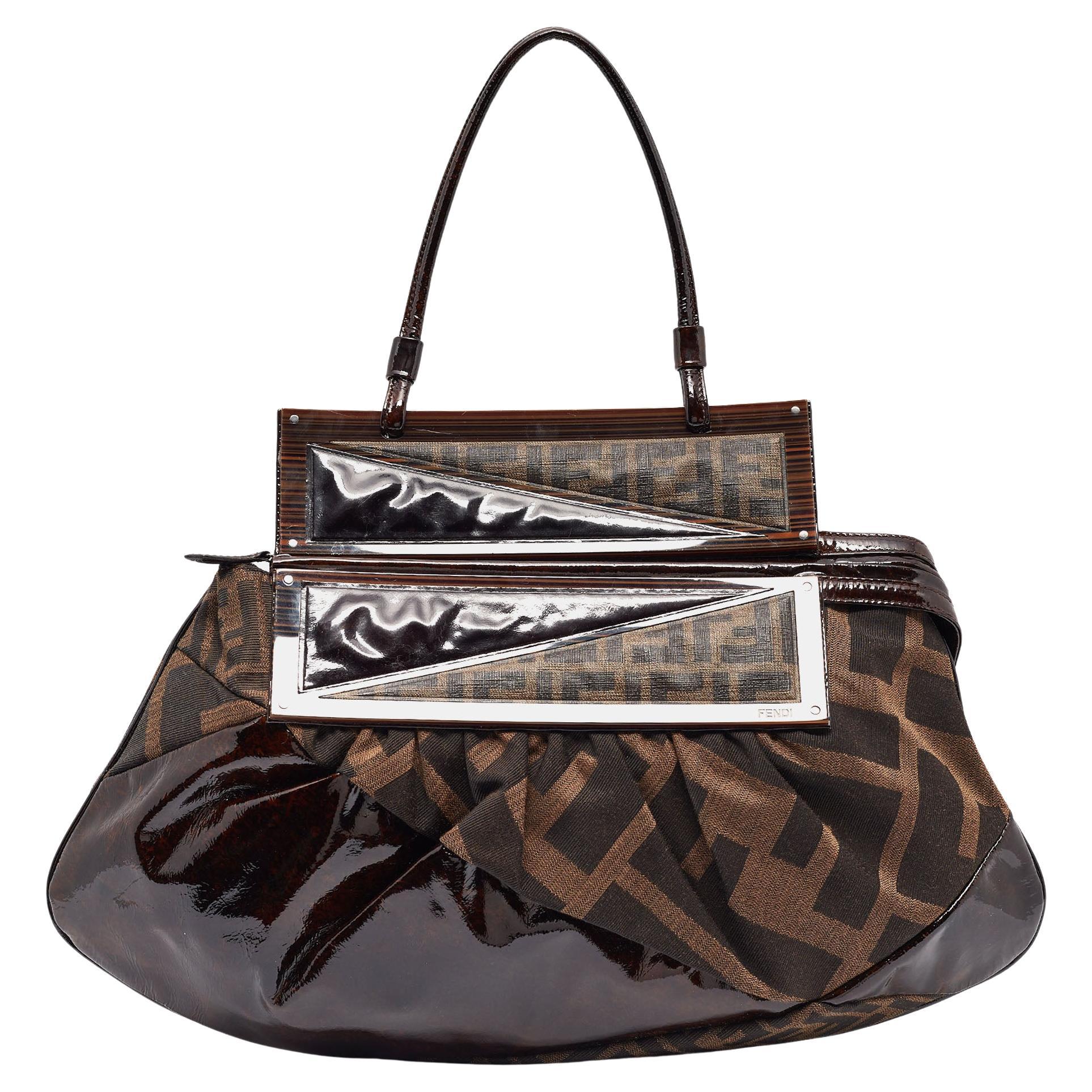 Fendi Tobacco Zucca Canvas and Patent Leather To You Convertible Clutch Bag For Sale