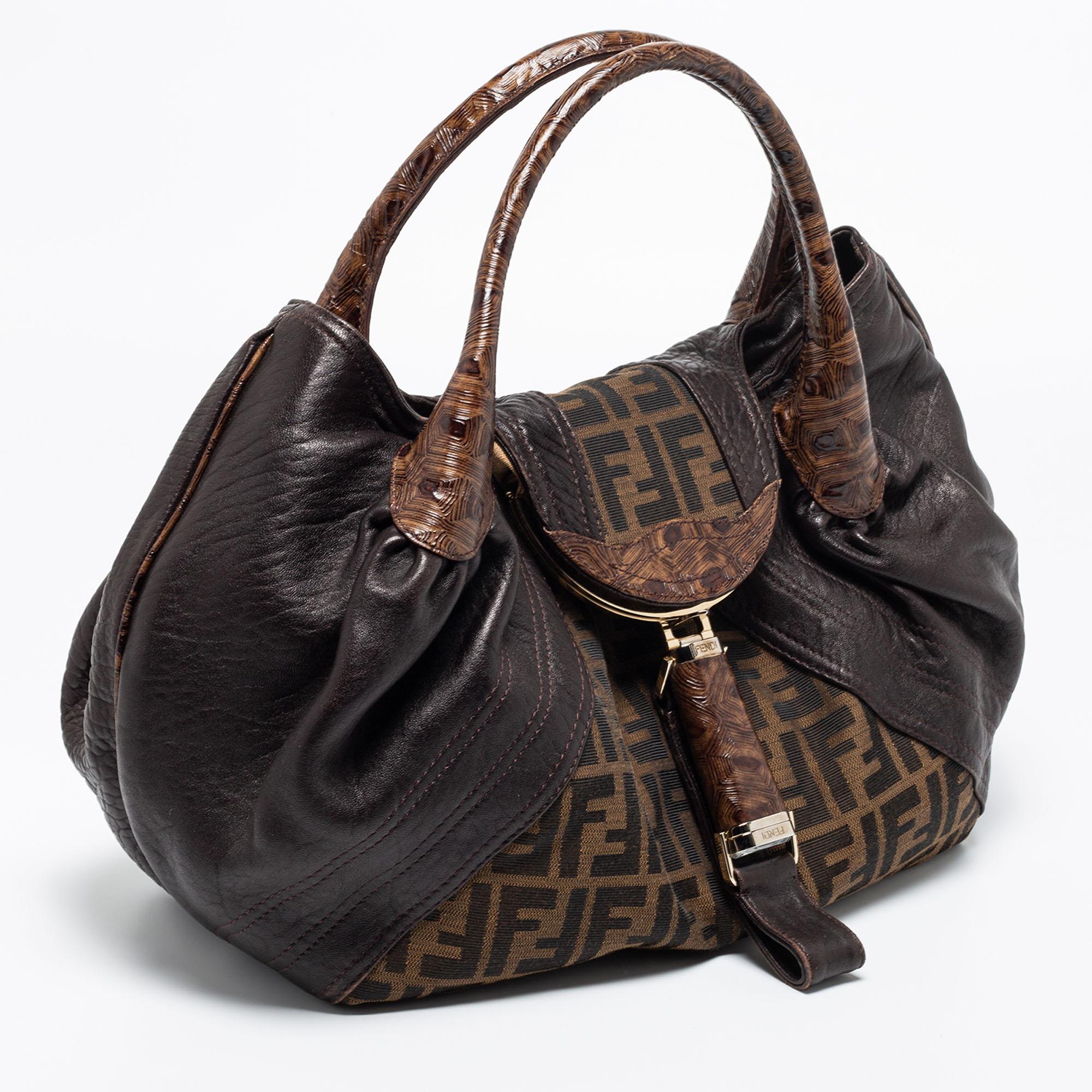 Black Fendi Tobacco Zucca Canvas and Textured Leather Spy Bag