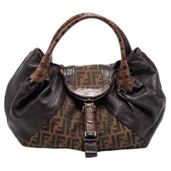 Used Fendi Tobacco Zucca Canvas and Textured Leather Spy Bag