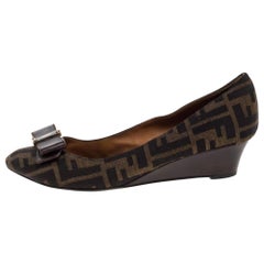 Fendi Tobacco Zucca Canvas Bow Round Toe Wedge Pumps Size 38