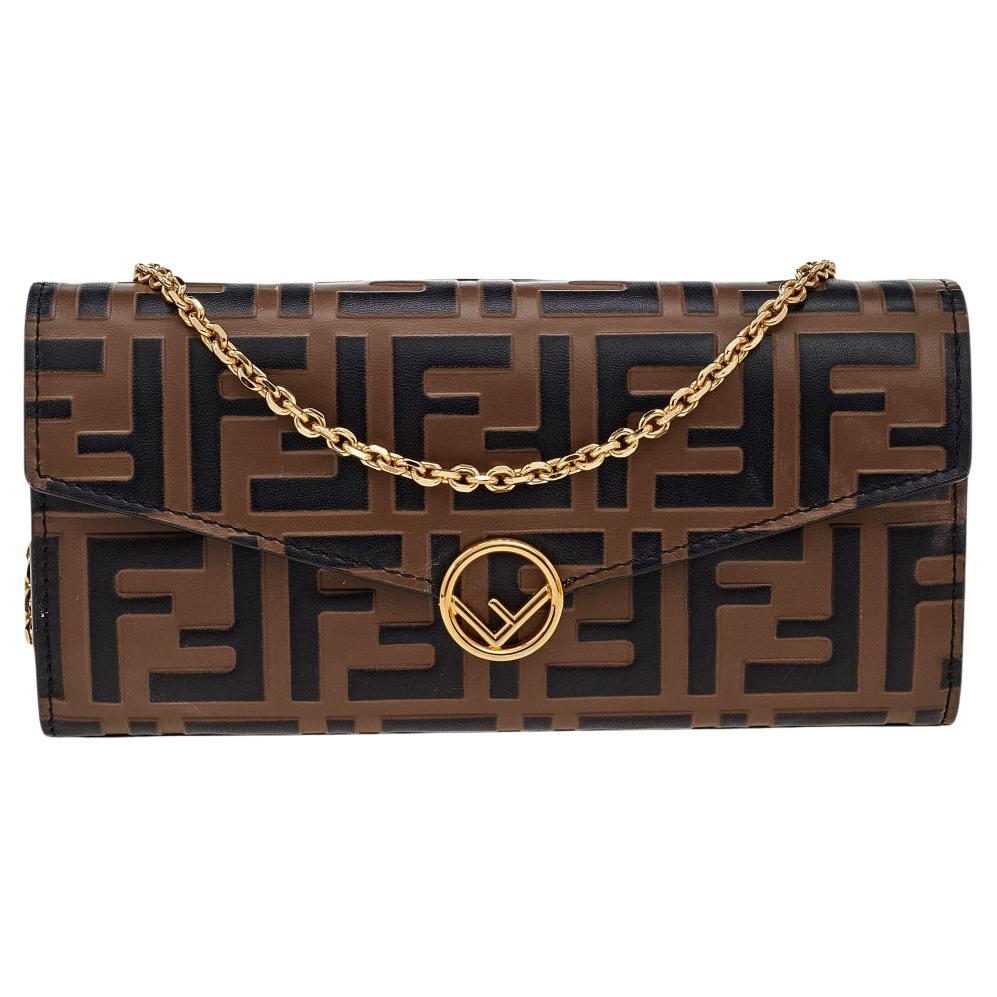 Fendi Tobacco Zucca FF Embossed Leather Continental Envelope Wallet on Chain