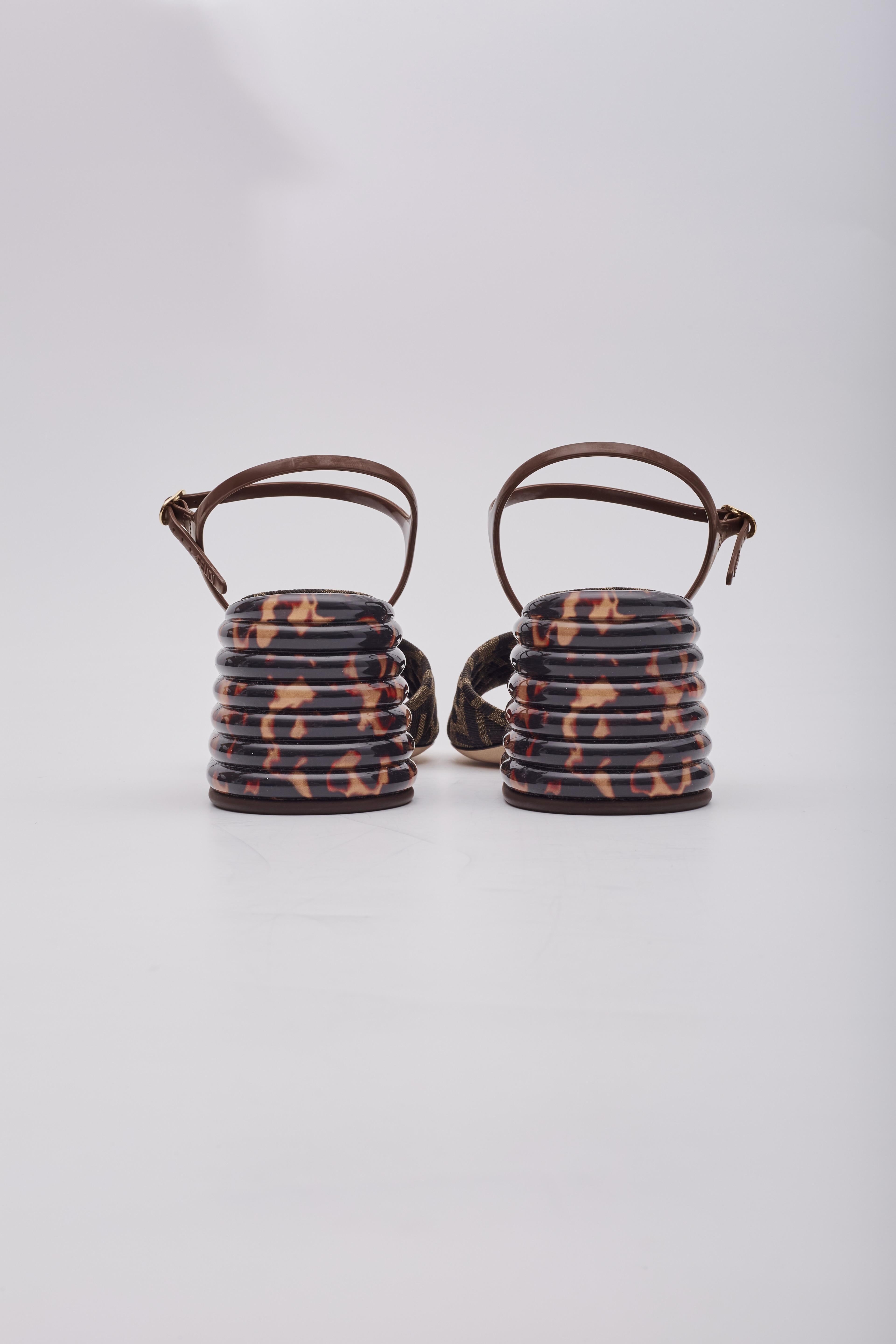 Women's Fendi Tobacco Zucca FF Tortoise Slingback Sandal Wedges (EU 39.5) For Sale