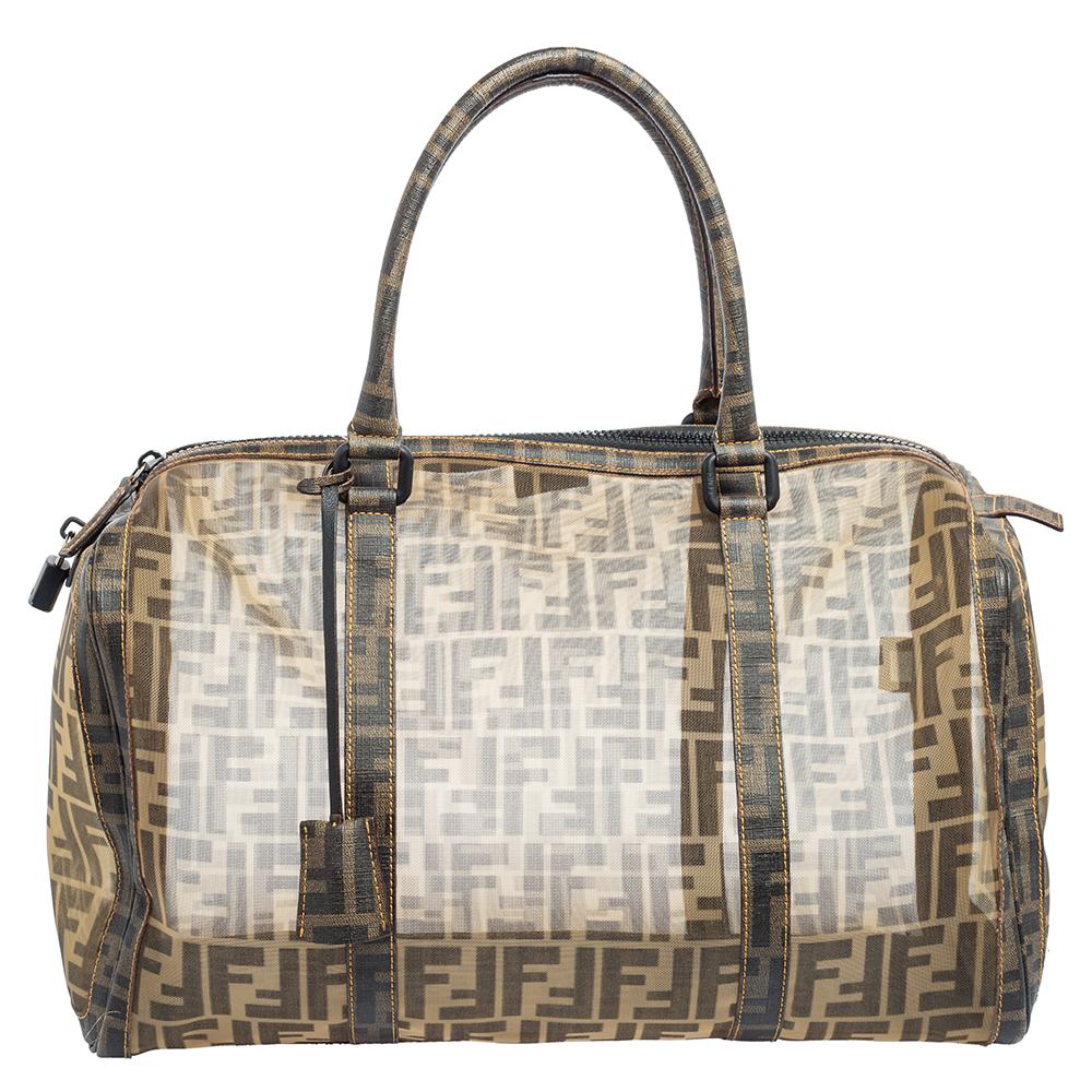 Fendi Tobacco Zucca Mesh and Coated Canvas Boston Duffel Bag In Good Condition In Dubai, Al Qouz 2