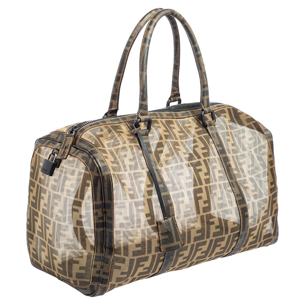 Women's Fendi Tobacco Zucca Mesh and Coated Canvas Boston Duffel Bag