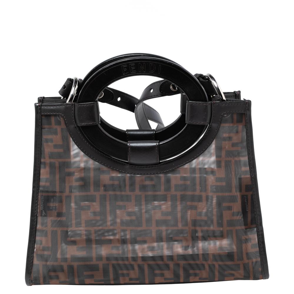 Make this Fendi Runaway shopper tote your new style ally It is crafted from the signature Zucca mesh and features oval leather handles, a long shoulder strap, gold-tone hardware, and a zip pocket at the front. It has a spacious interior to easily