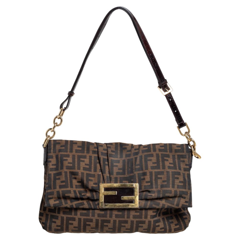 Fendi Tobacco Zuccca Canvas Mia Flap Shoulder Bag