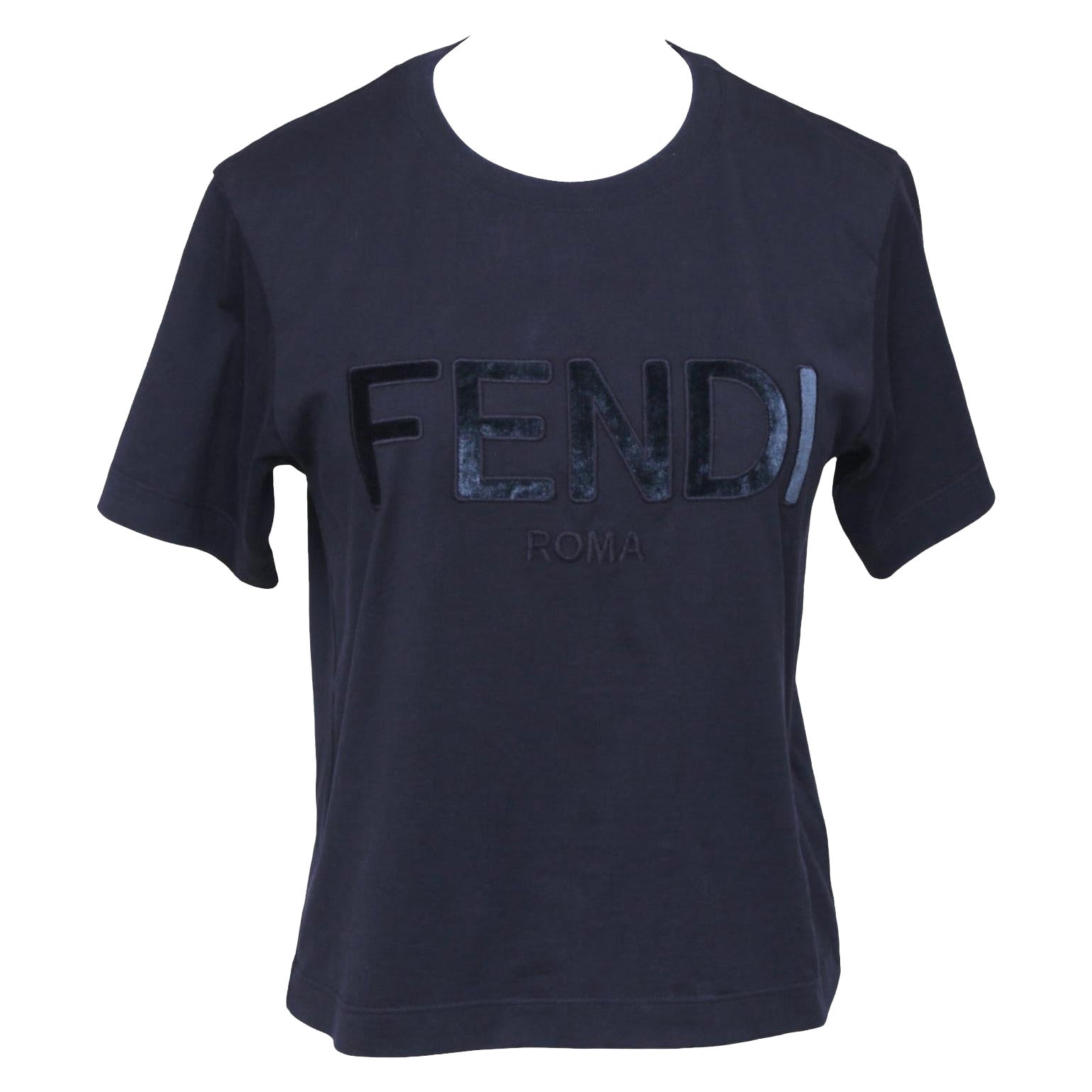 FENDI Chemisier logo Blouse courte à manches courtes en velours bleu marine Taille XS en vente