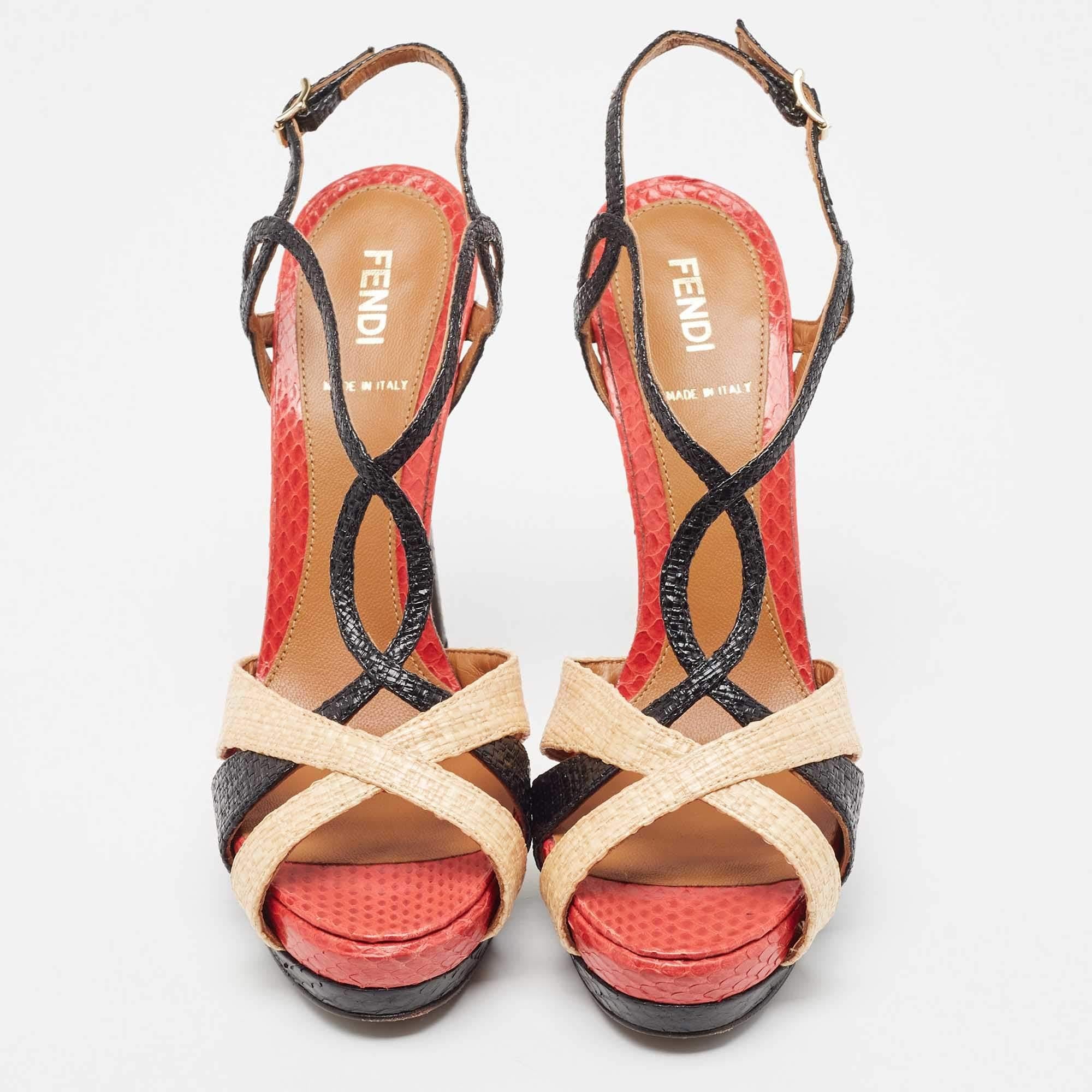 Fendi Tri Color Raffia and Snakeskin Strappy Slingback Platform Sandals Size 38 In Good Condition In Dubai, Al Qouz 2