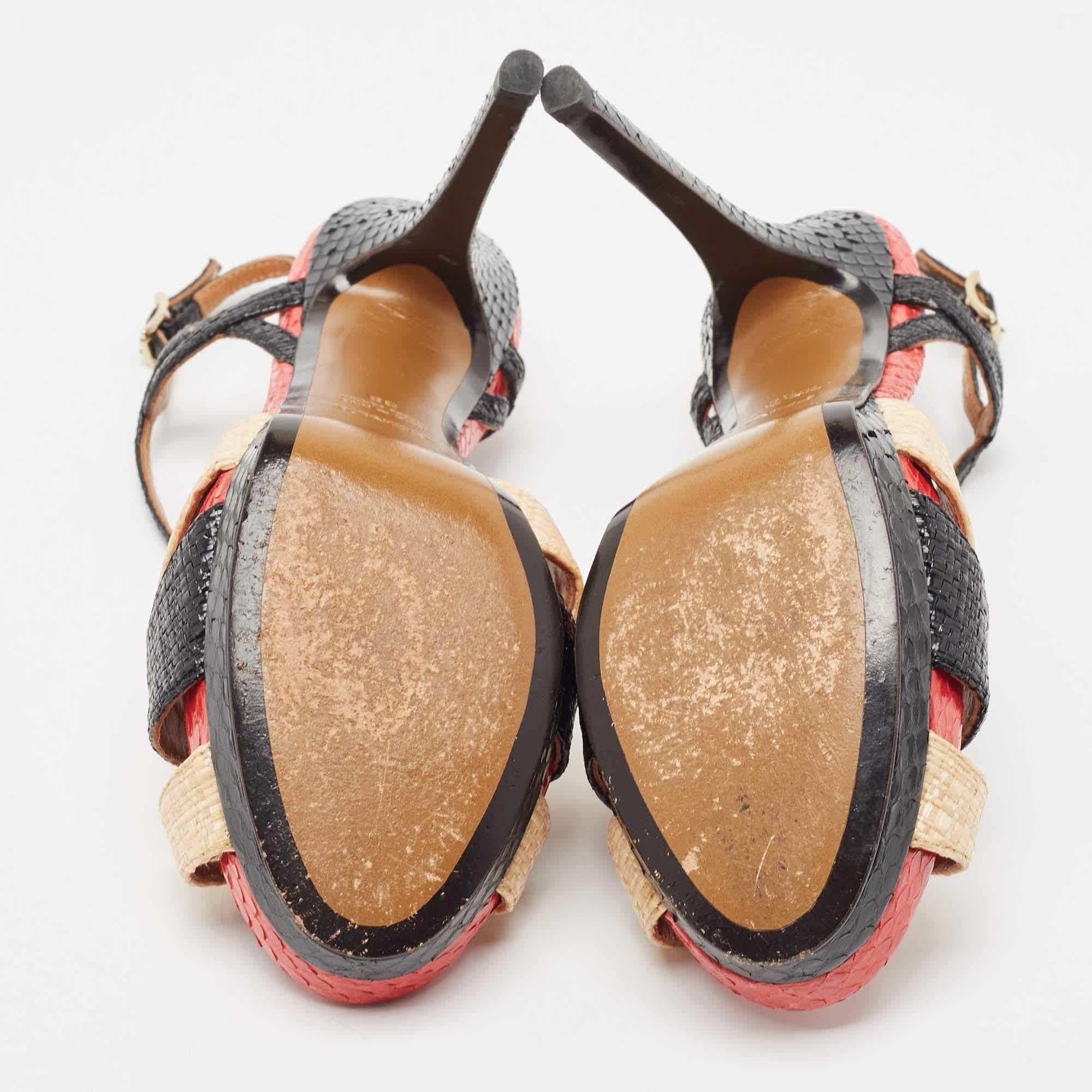 Fendi Tri Color Raffia and Snakeskin Strappy Slingback Platform Sandals Size 38 For Sale 2