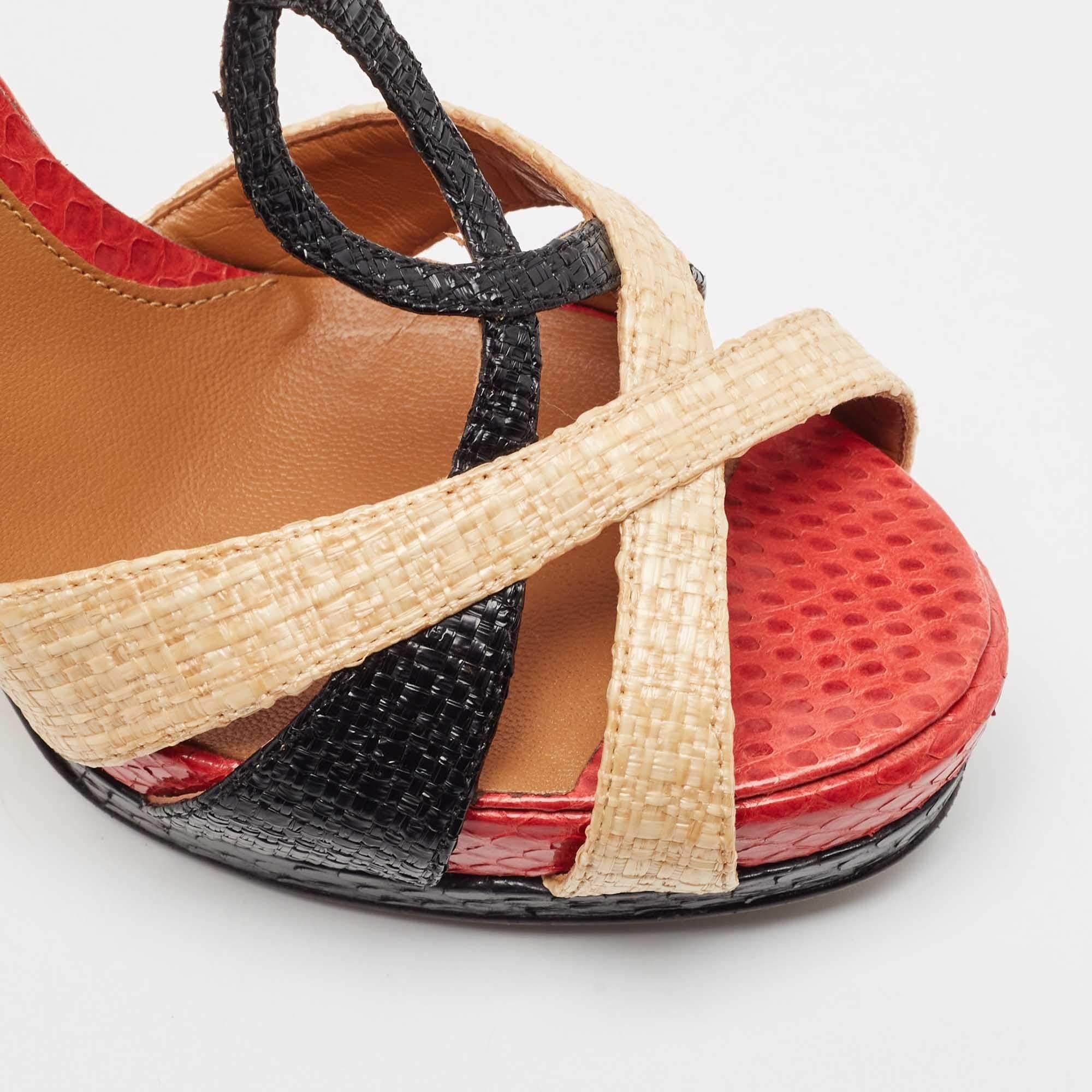 Fendi Tri Color Raffia and Snakeskin Strappy Slingback Platform Sandals Size 38 For Sale 3