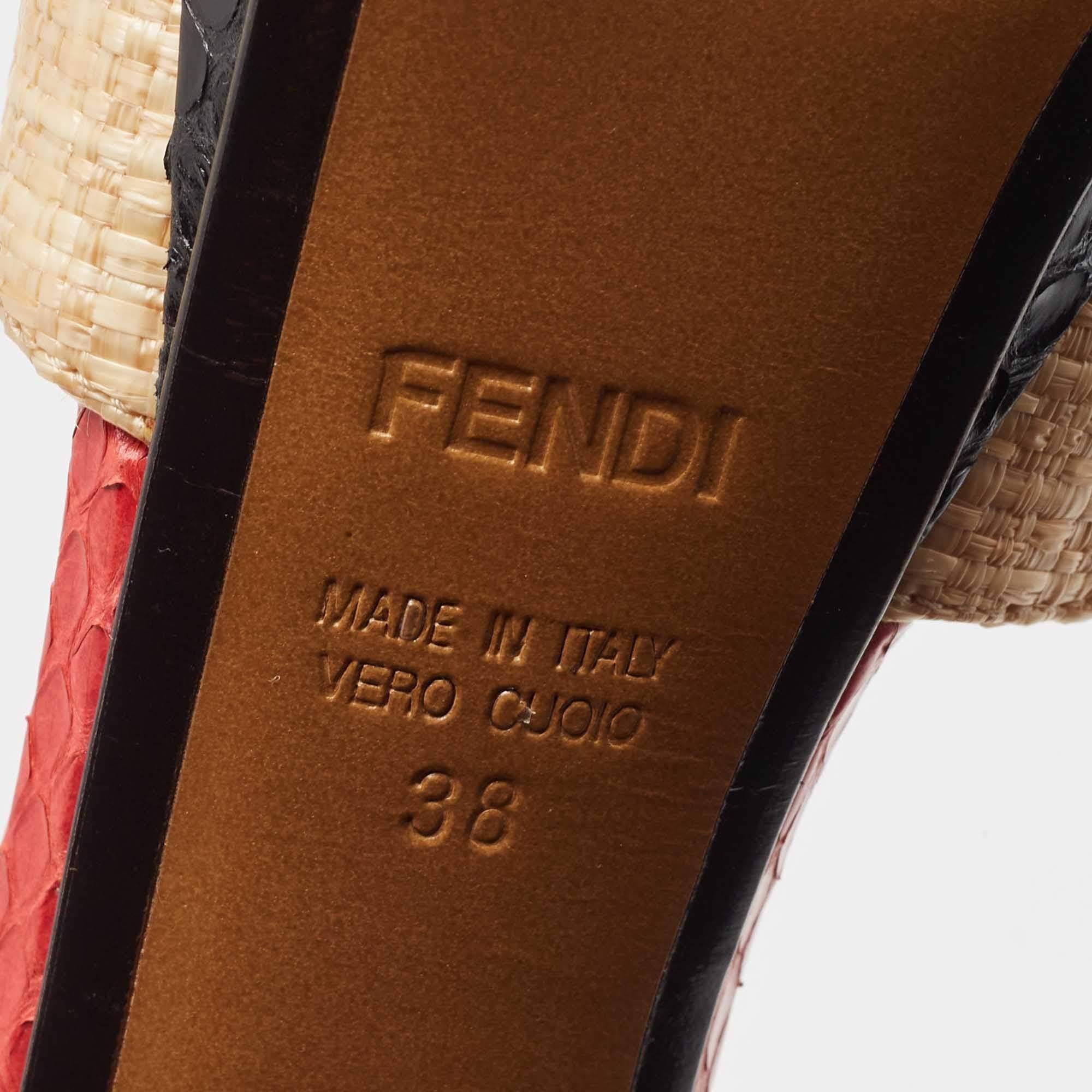 Fendi Tri Color Raffia and Snakeskin Strappy Slingback Platform Sandals Size 38 For Sale 4