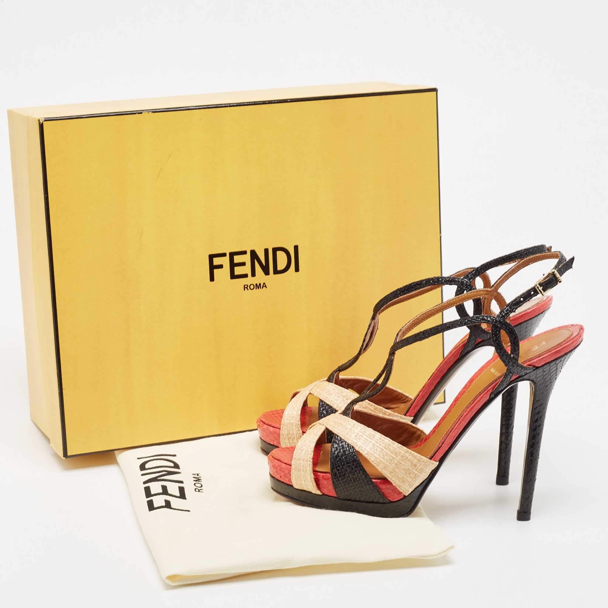 Fendi Tri Color Raffia and Snakeskin Strappy Slingback Platform Sandals Size 38 For Sale 5