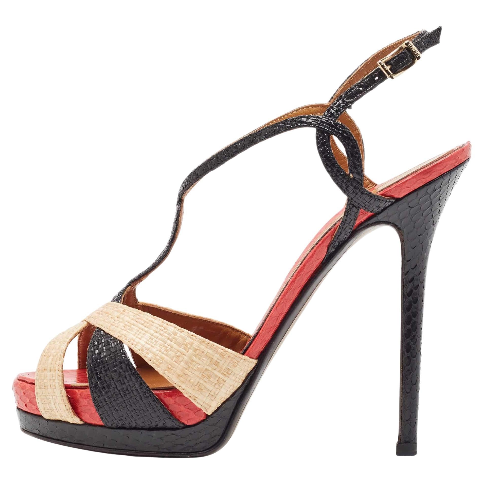 Fendi Tri Color Raffia and Snakeskin Strappy Slingback Platform Sandals Size 38 For Sale