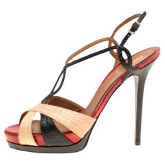 Fendi Tri Color Raffia and Snakeskin Strappy Slingback Platform Sandals Size 39