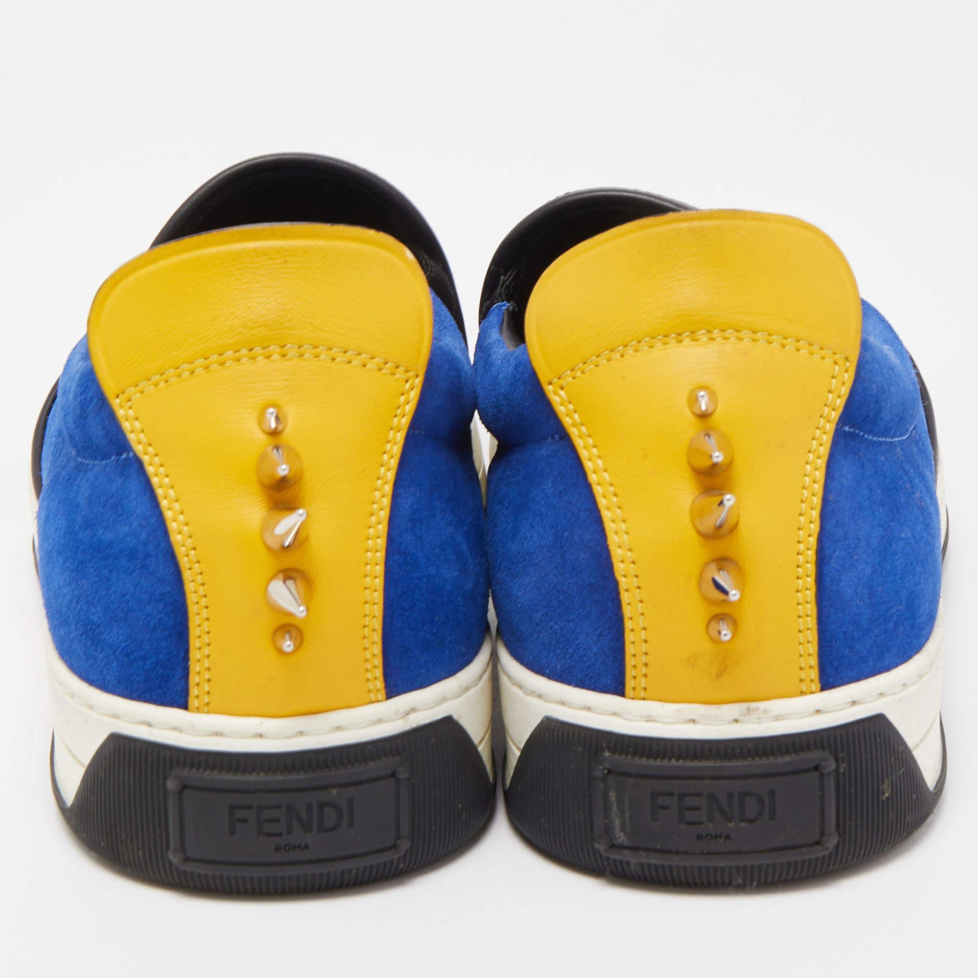 Fendi Tri Color Suede and Leather Monster Eye Slip On Sneakers Size 43 In Good Condition In Dubai, Al Qouz 2