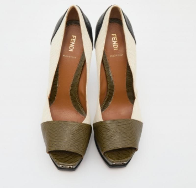Fendi Tricolor Leguan Leder Fendista Peep Toe Plateau Pumps Größe 41 (Schwarz) im Angebot