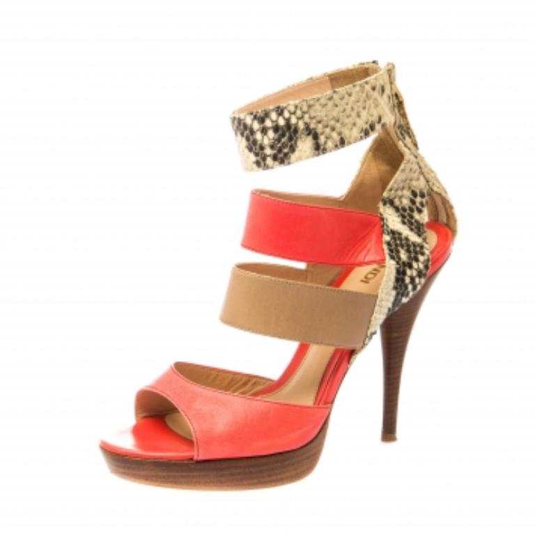 Fendi Tricolor Leder und Python Leder Knöchelriemen Plattform Sandalen Größe 37 Damen im Angebot