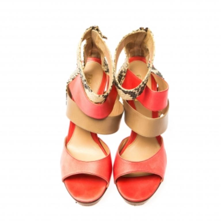 Fendi Tricolor Leder und Python Leder Knöchelriemen Plattform Sandalen Größe 37 im Angebot 2