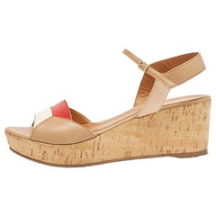 Fendi Tricolor Leather Cork Wedge Ankle Strap Sandals Size 39