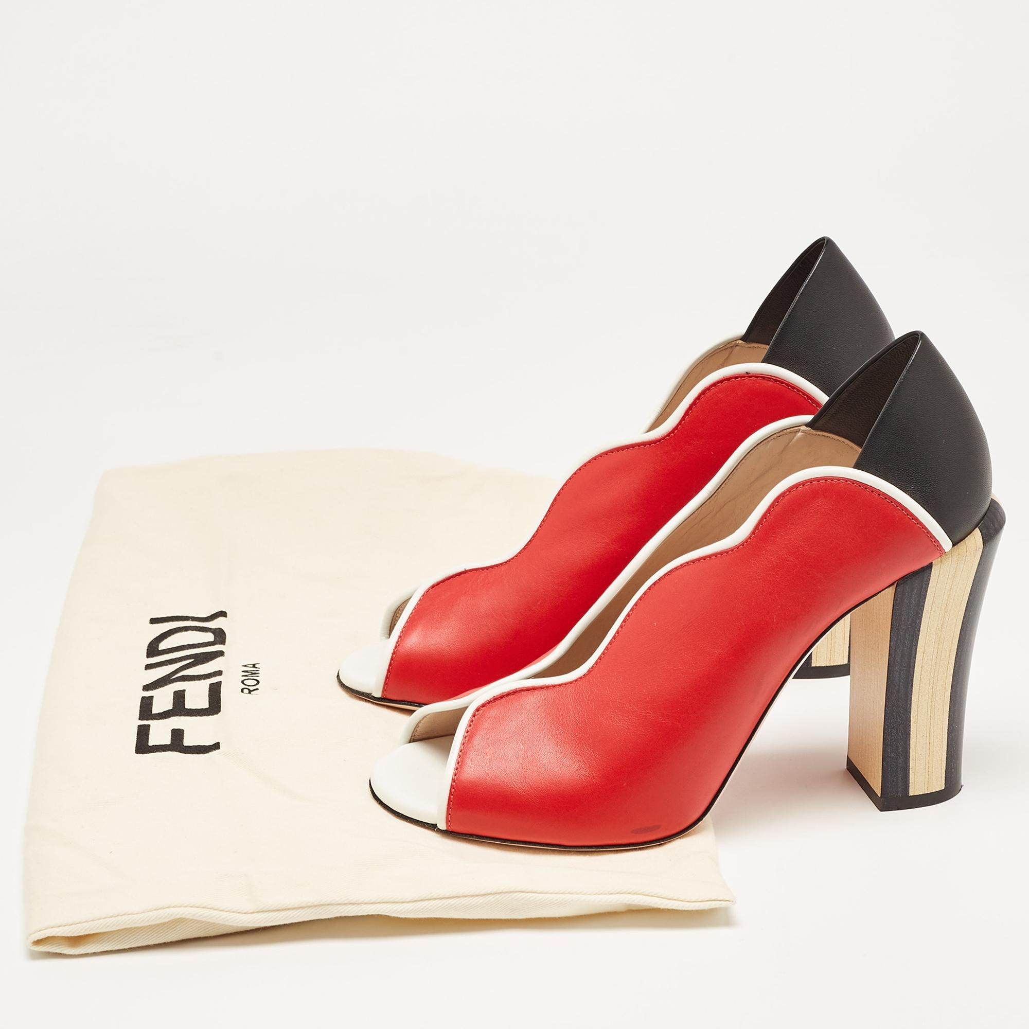 Fendi Tricolor Leather Scallop Lined Peep Toe Pumps Size 37.5 For Sale 5