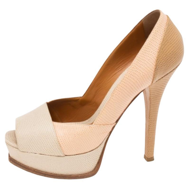 Fendi Tricolor Lizard Embossed Leather  Peep Toe Platform Pumps Size 39.5 For Sale