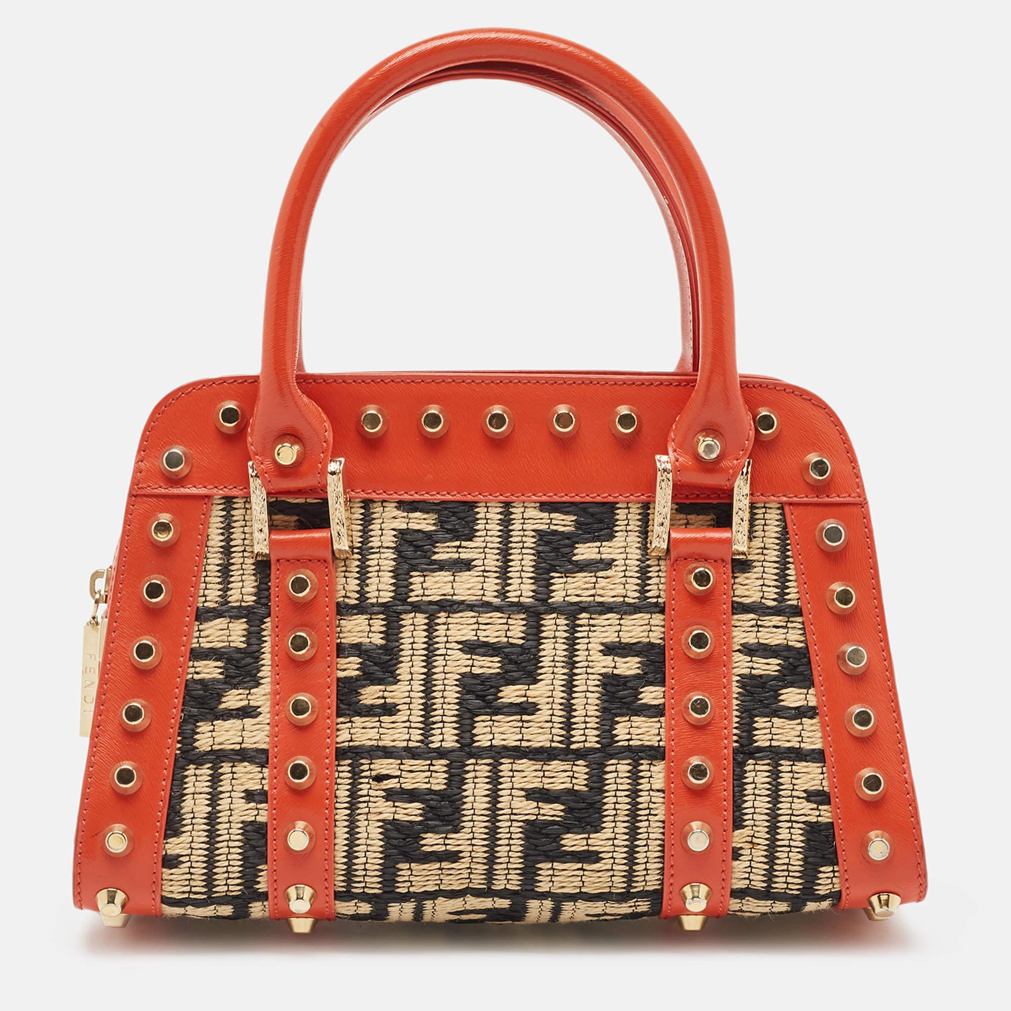 Fendi Tricolor Raffia and Leather Studded Satchel 2