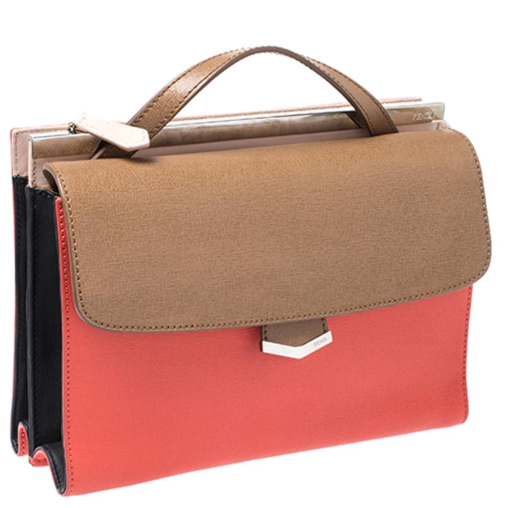 Fendi Tricolor Textured Leather Small Demi Jour Top Handle Bag In Good Condition In Dubai, Al Qouz 2